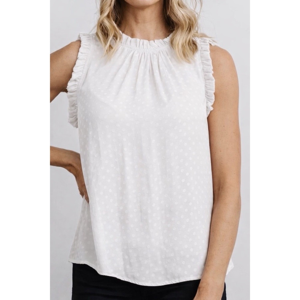 La Miel White Swiss Dot Ruffle Neck Sleeveless‎ Blouse Small F103